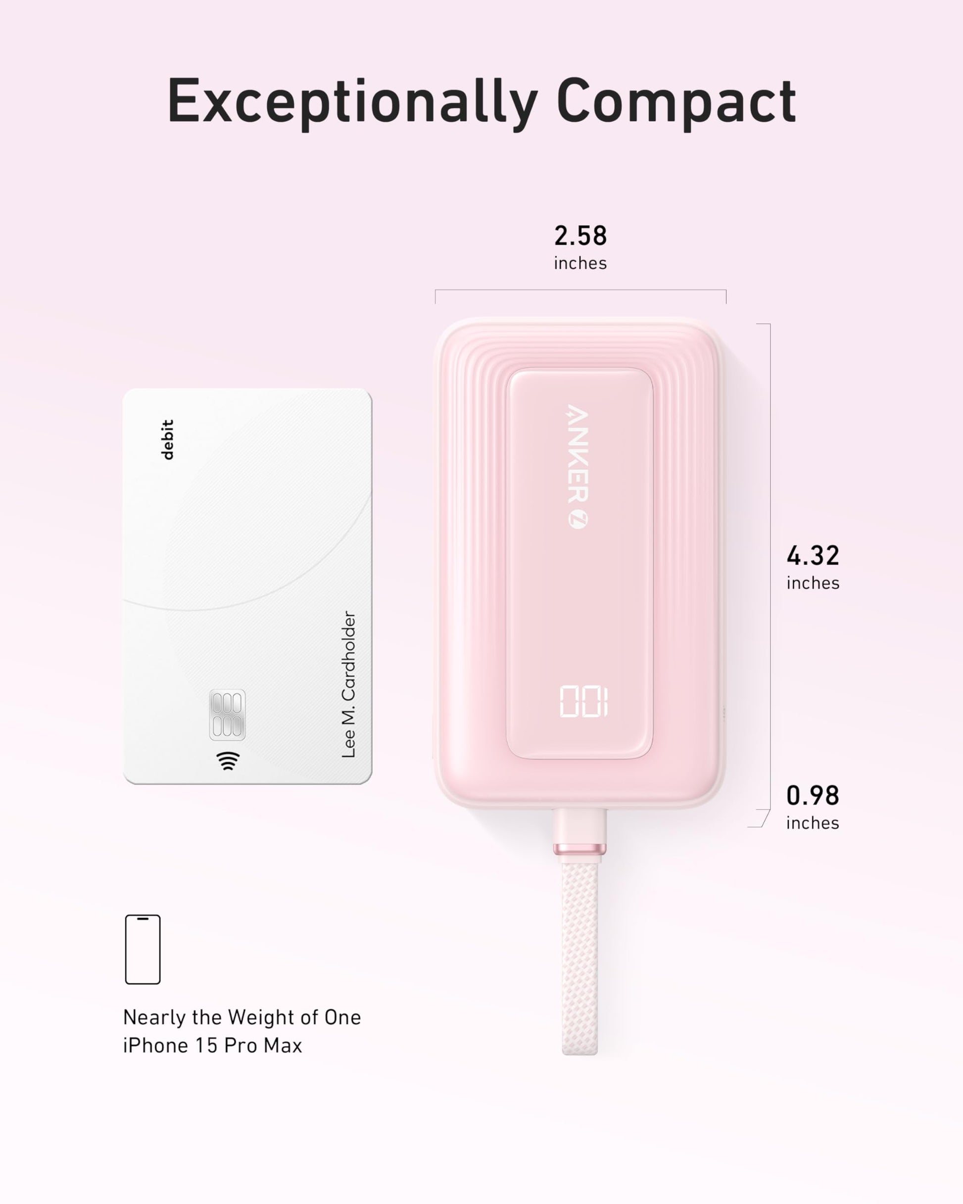 Anker Zolo Power Bank (10K, 30W) with a 5.4-inch (13.7 cm) built-in USB-C cable.