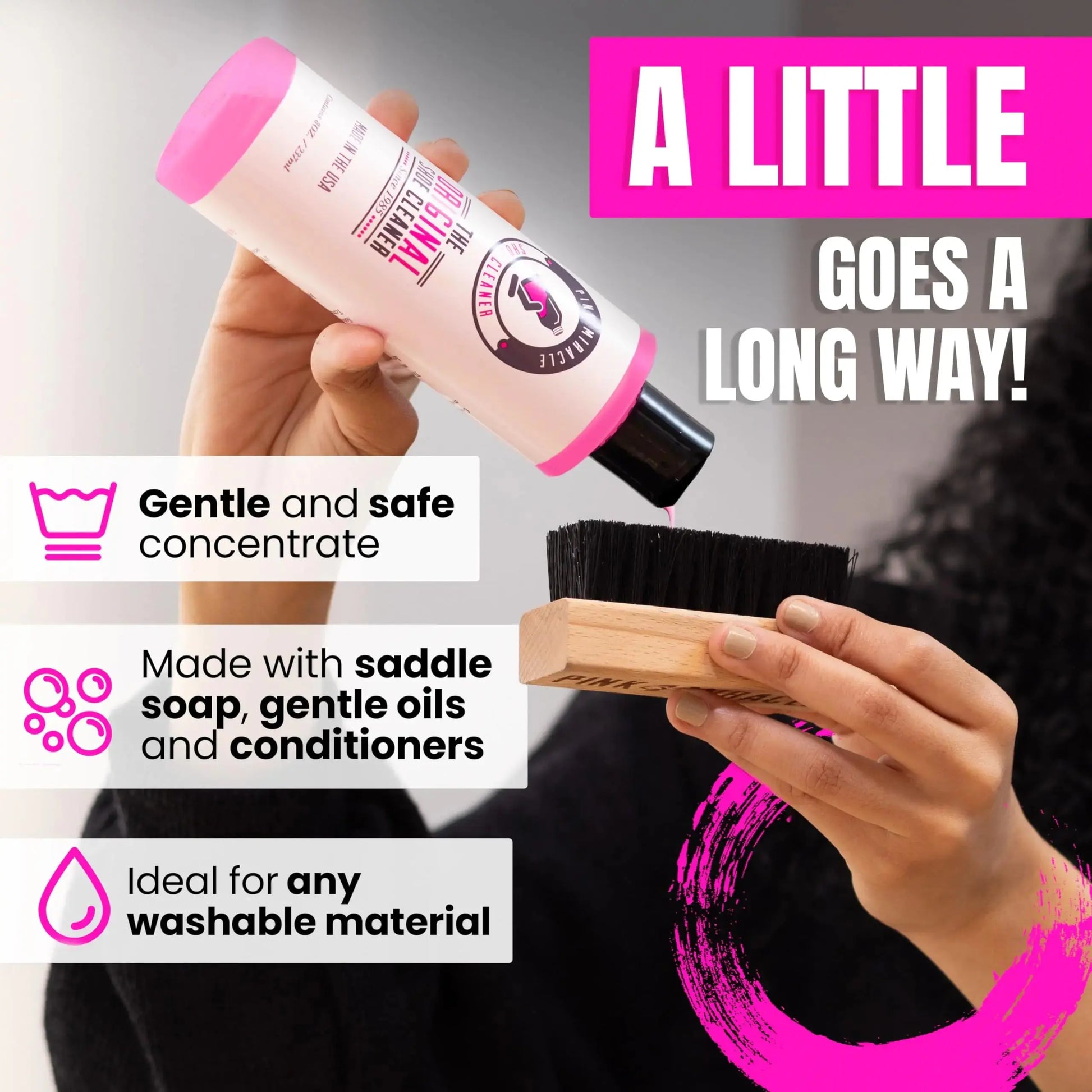 Pink Miracle Shoe Cleaner Kit with Bottle & Brush - For Fabric, Fabric, Whites, Suede & Nubuck Sneakers