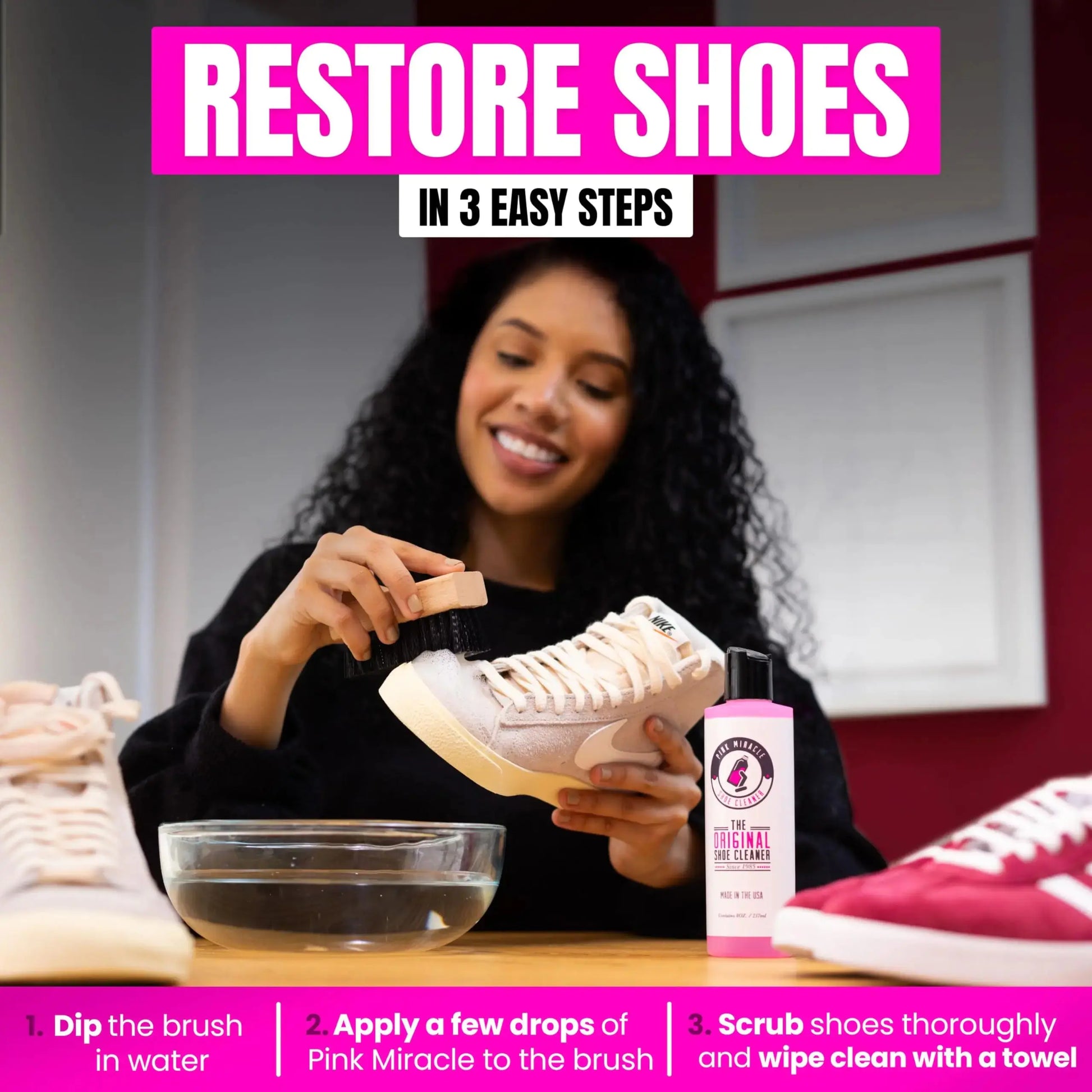 Pink Miracle Shoe Cleaner Kit with Bottle & Brush - For Fabric, Fabric, Whites, Suede & Nubuck Sneakers