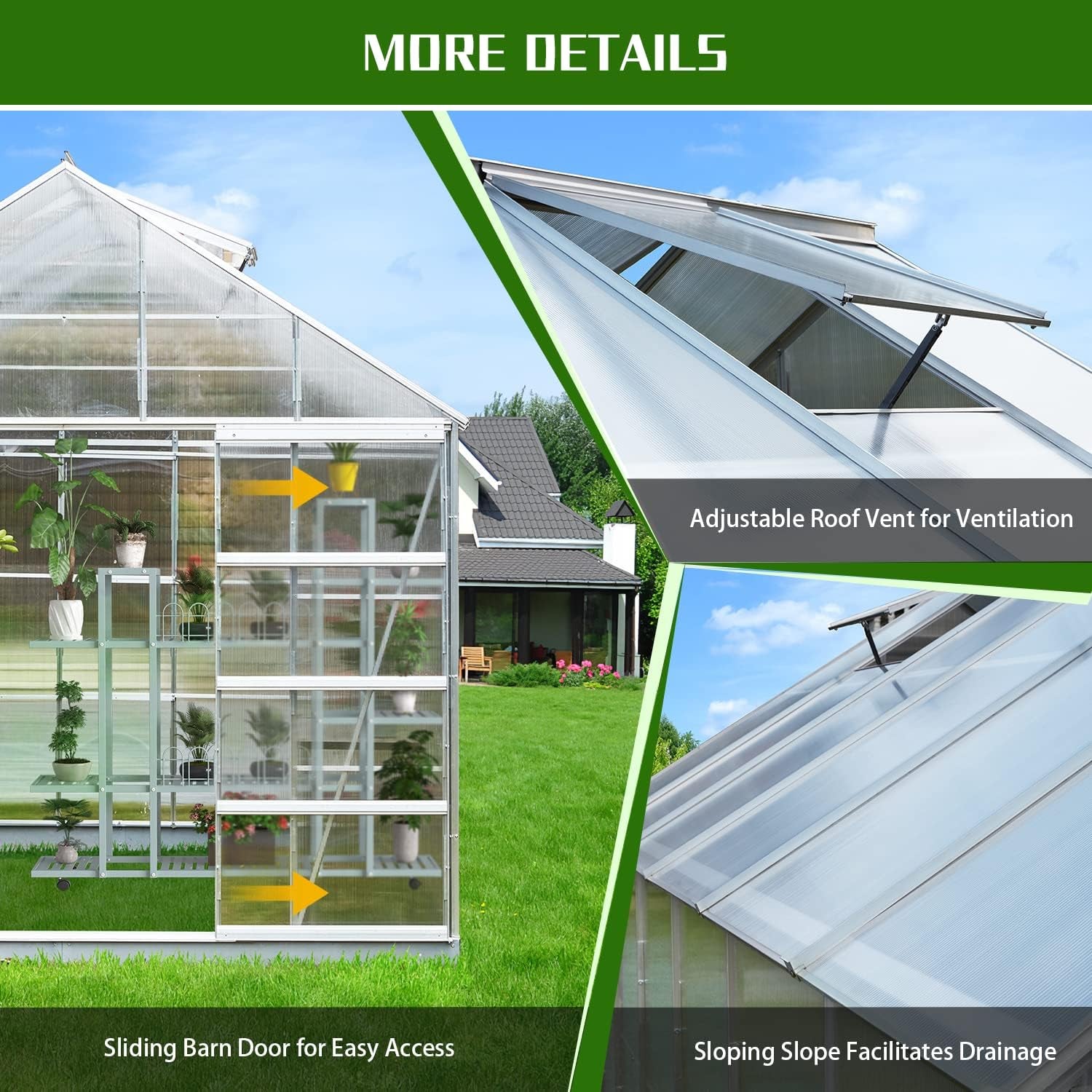 [10X10FT] Premium Outdoor Aluminum Walk-In Greenhouse With Polycarbonate Panels & Sliding Doors (94638275)