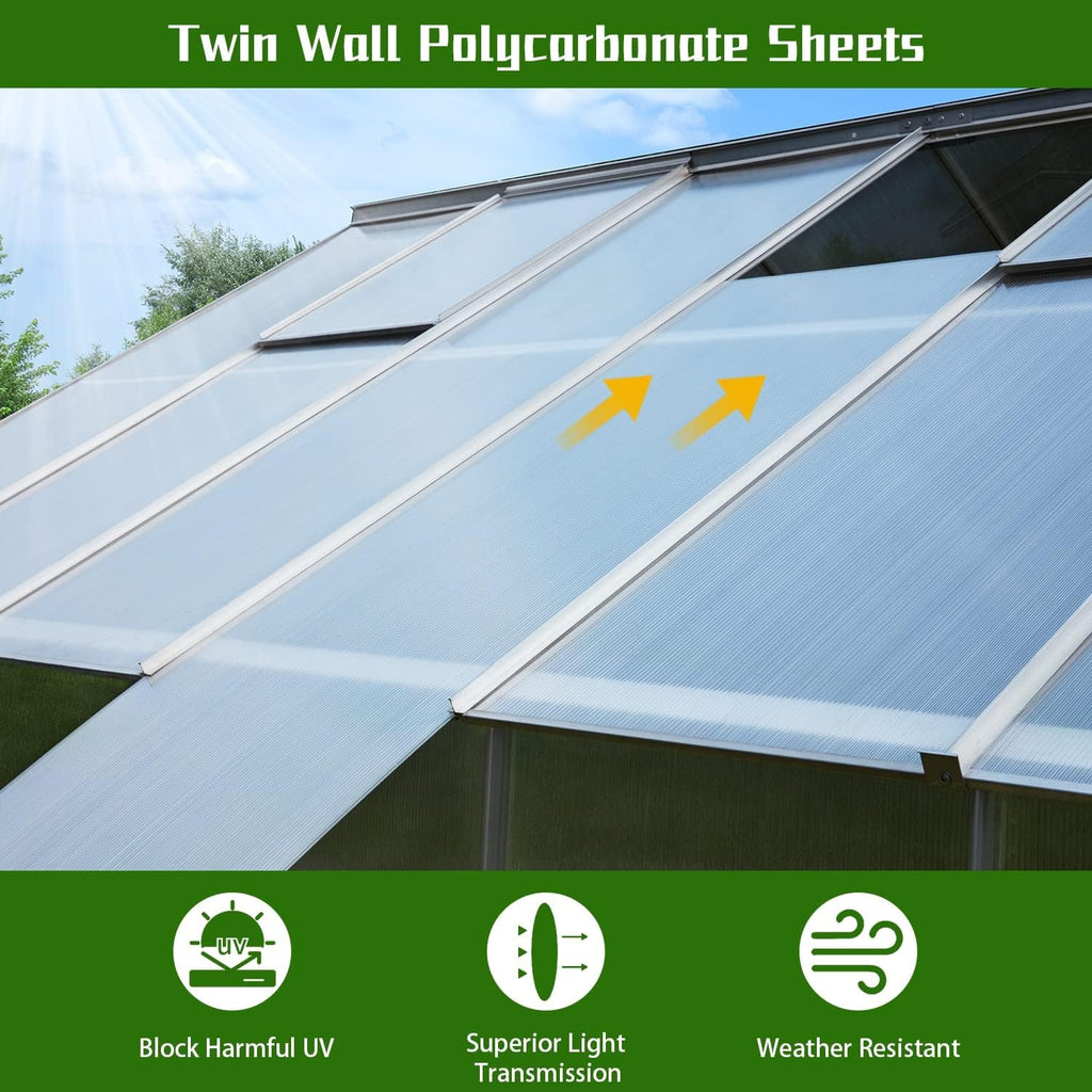 [10X10FT] Premium Outdoor Aluminum Walk-In Greenhouse With Polycarbonate Panels & Sliding Doors (94638275)