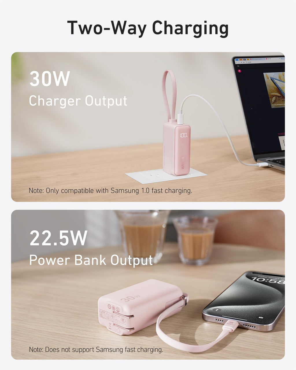 Anker Power Bank (30W, 5k,  Fusion, Built-In USB-C Cable)