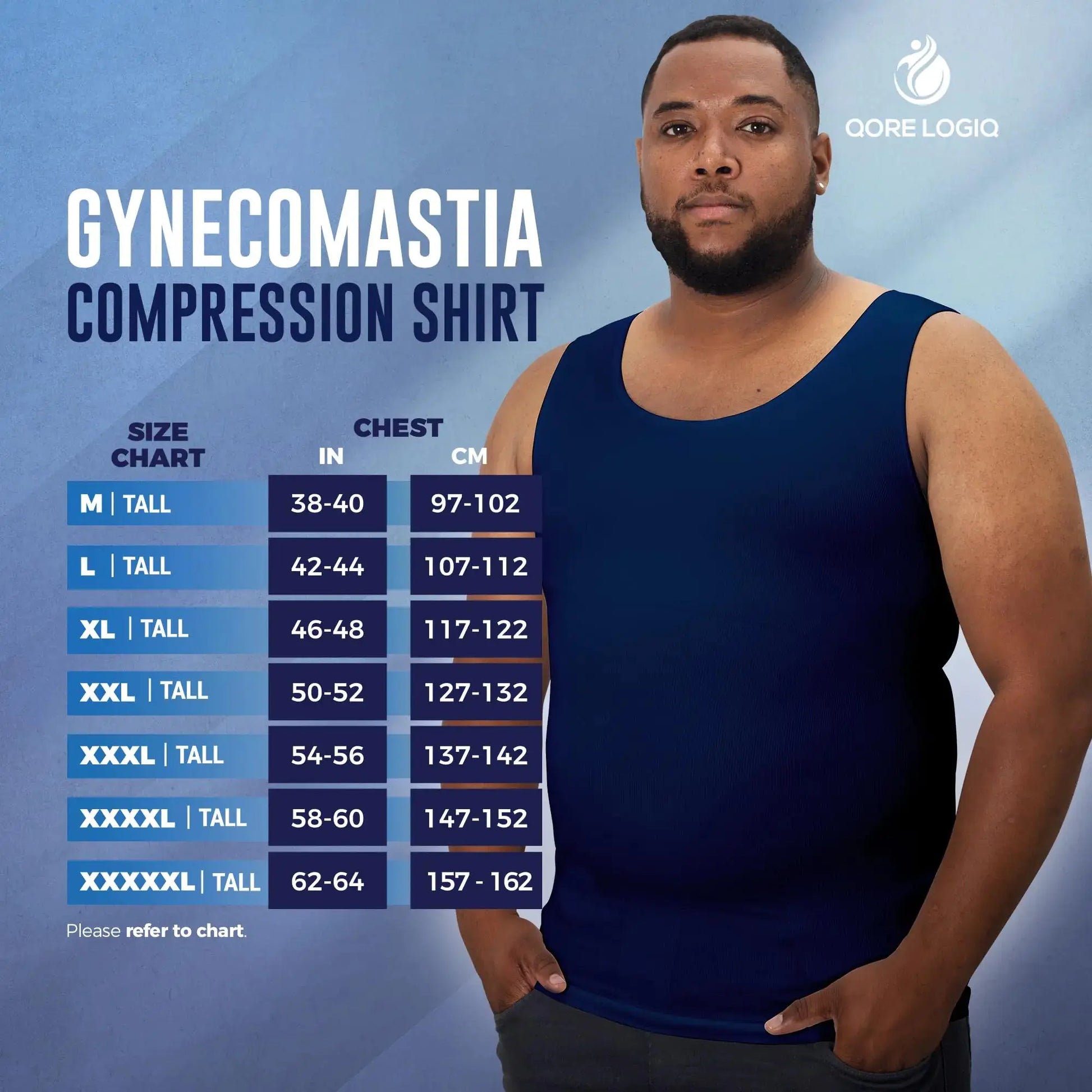 QORE LOGIQ Men’s Gynecomastia Compression Shirt – Slimming Body Shaper Tank Top (XX-Large Tall, Navy)