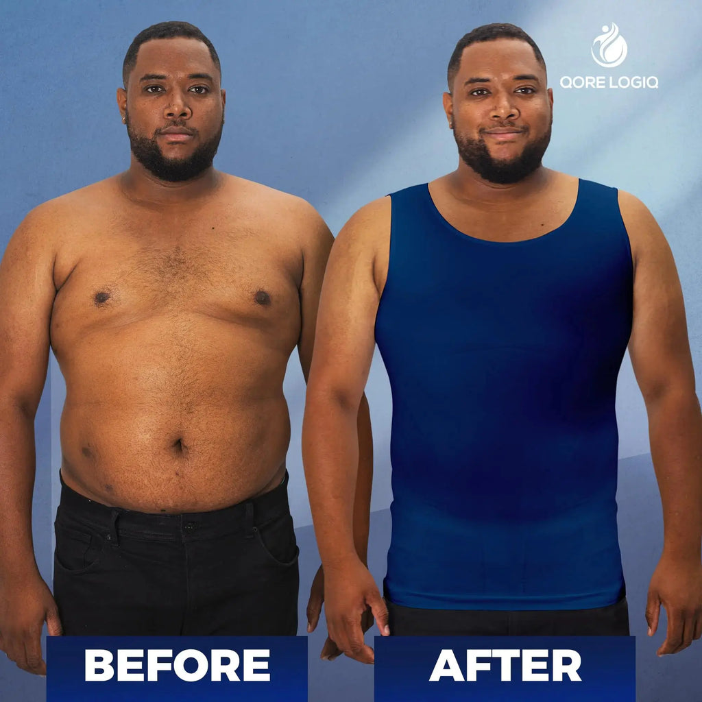 QORE LOGIQ Men’s Gynecomastia Compression Shirt – Slimming Body Shaper Tank Top (XX-Large Tall, Navy)