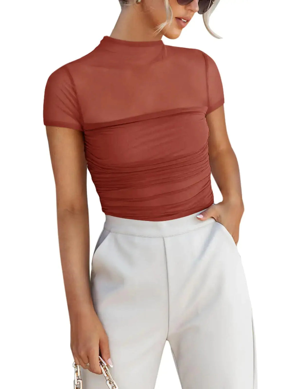 REORIA Women's Sexy Mock Turtle Neck Short Sleeve Bodysuit - Sheer Mesh Ruched Trendy Top in Rusty Red