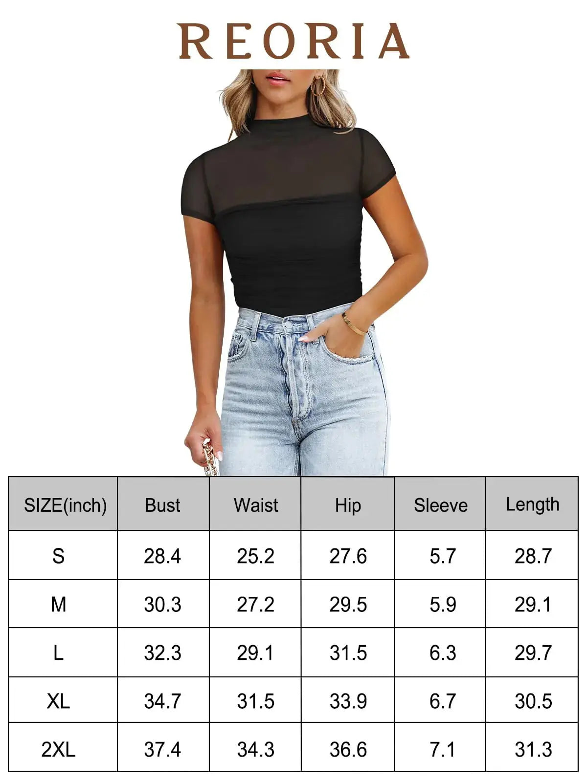 REORIA Women's Sexy Mock Turtle Neck Short Sleeve Bodysuit - Sheer Mesh Ruched Trendy Top in Rusty Red