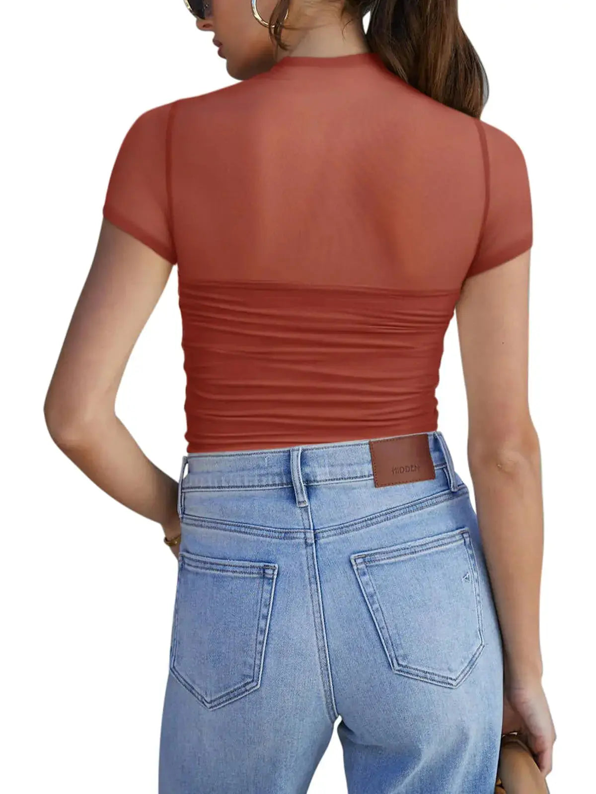 REORIA Women's Sexy Mock Turtle Neck Short Sleeve Bodysuit - Sheer Mesh Ruched Trendy Top in Rusty Red