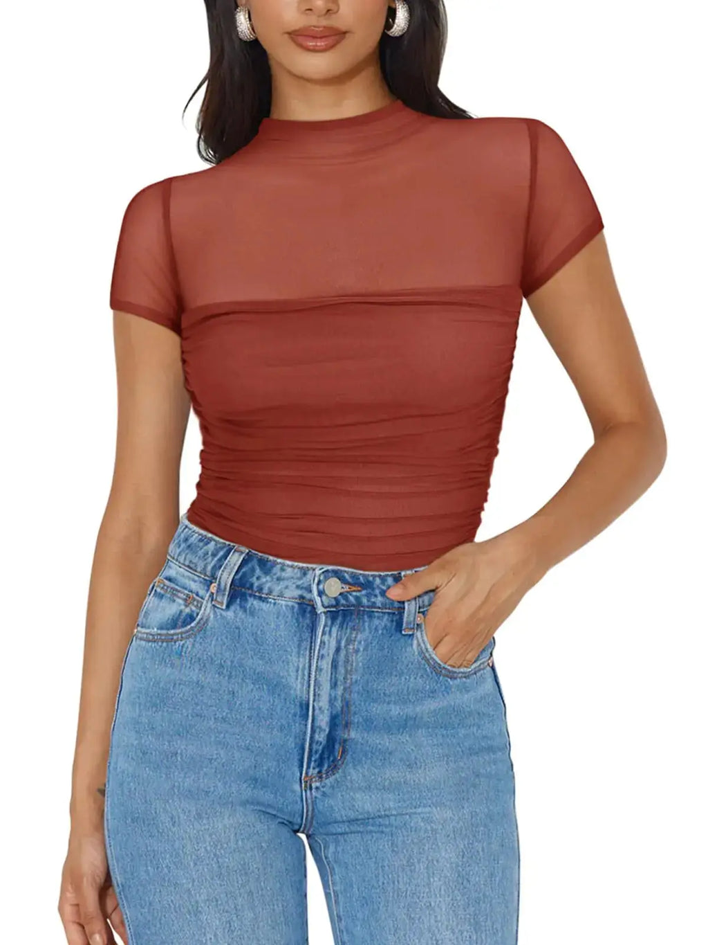 REORIA Women's Sexy Mock Turtle Neck Short Sleeve Bodysuit - Sheer Mesh Ruched Trendy Top in Rusty Red