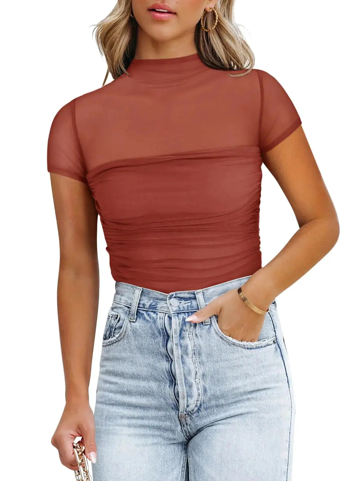 REORIA Women's Sexy Mock Turtle Neck Short Sleeve Bodysuit - Sheer Mesh Ruched Trendy Top in Rusty Red