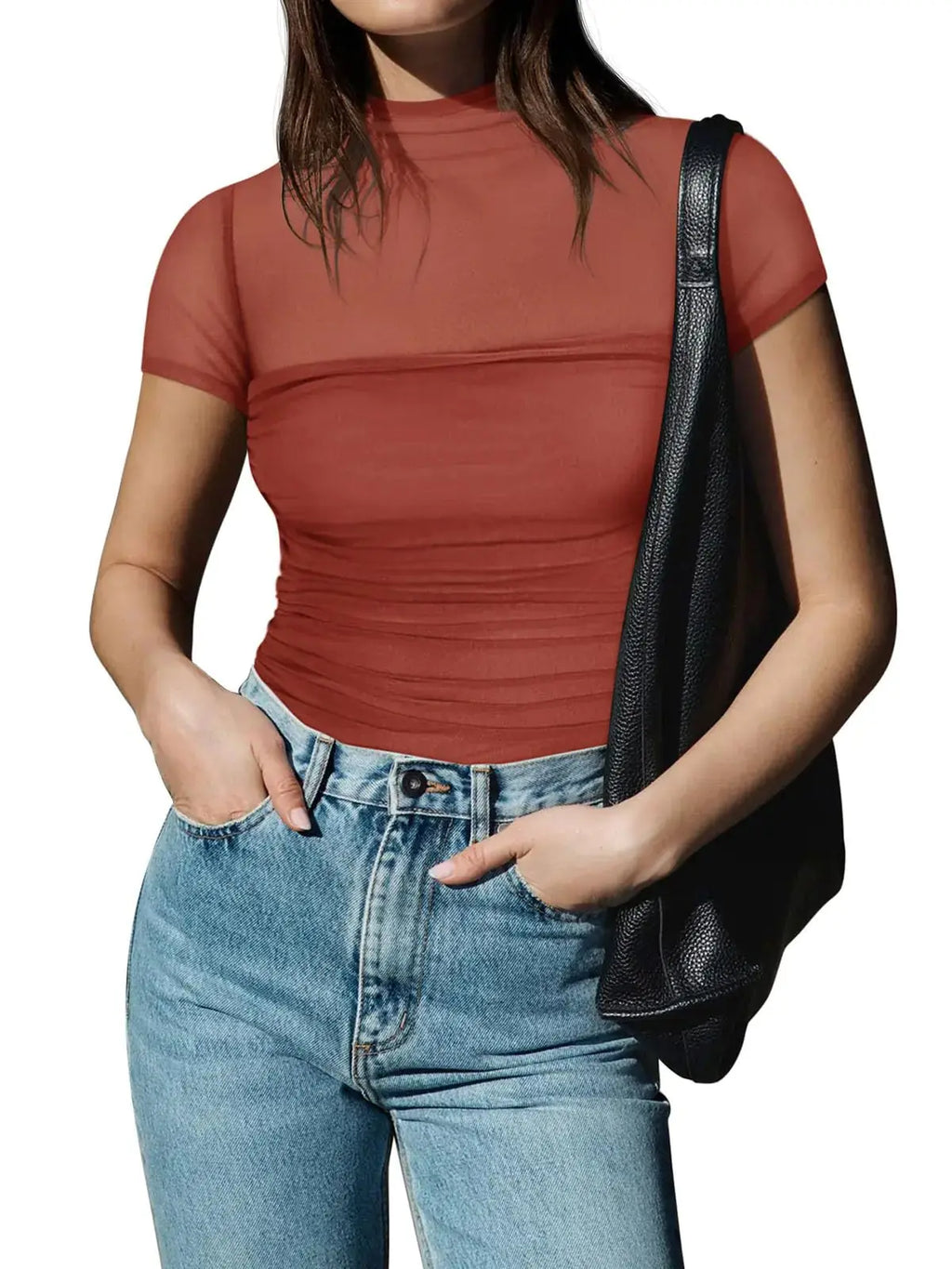 REORIA Women's Sexy Mock Turtle Neck Short Sleeve Bodysuit - Sheer Mesh Ruched Trendy Top in Rusty Red