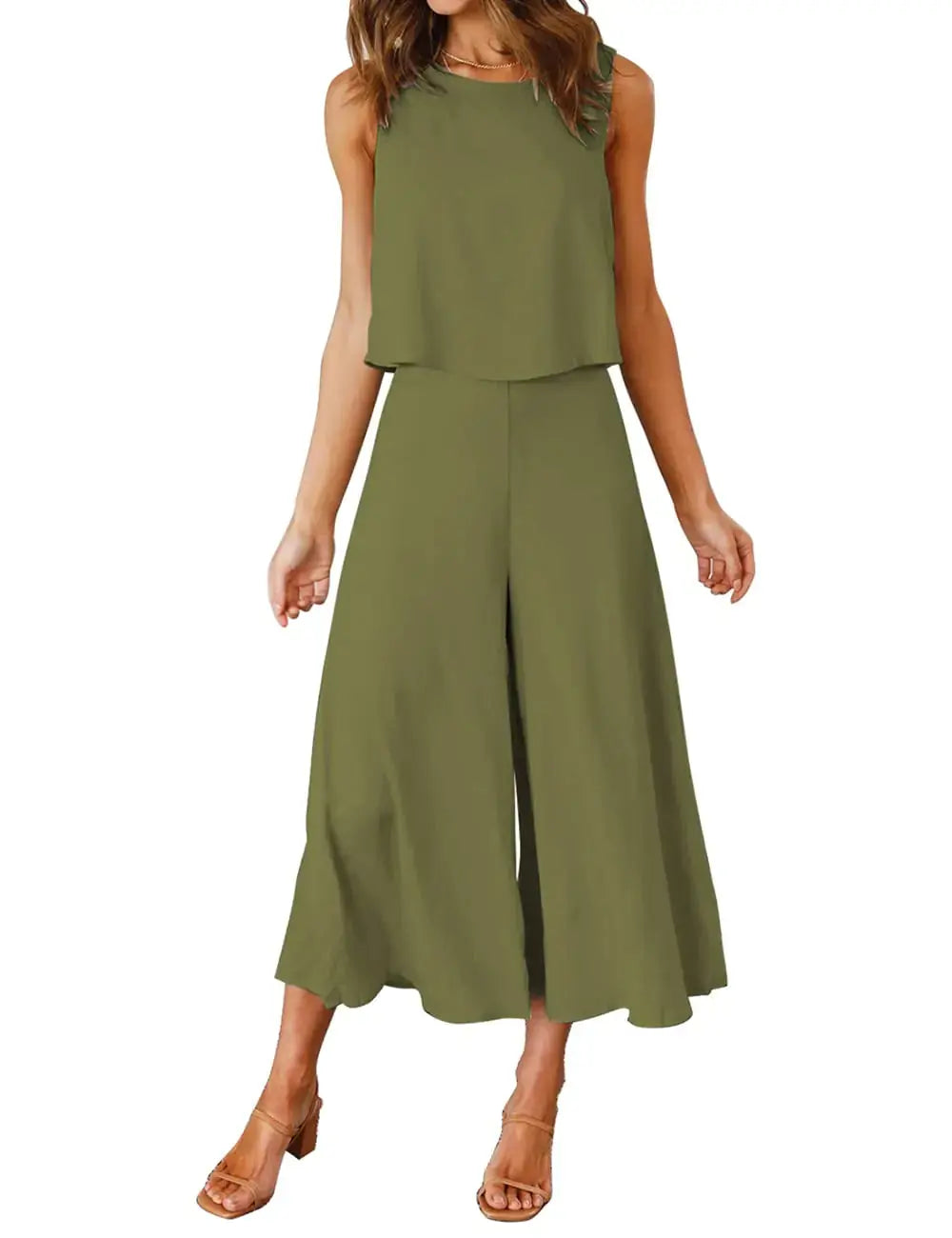 ROYLAMP Women's Summer Two-Piece Olive Green Crop Top and Wide-Leg Pants Set