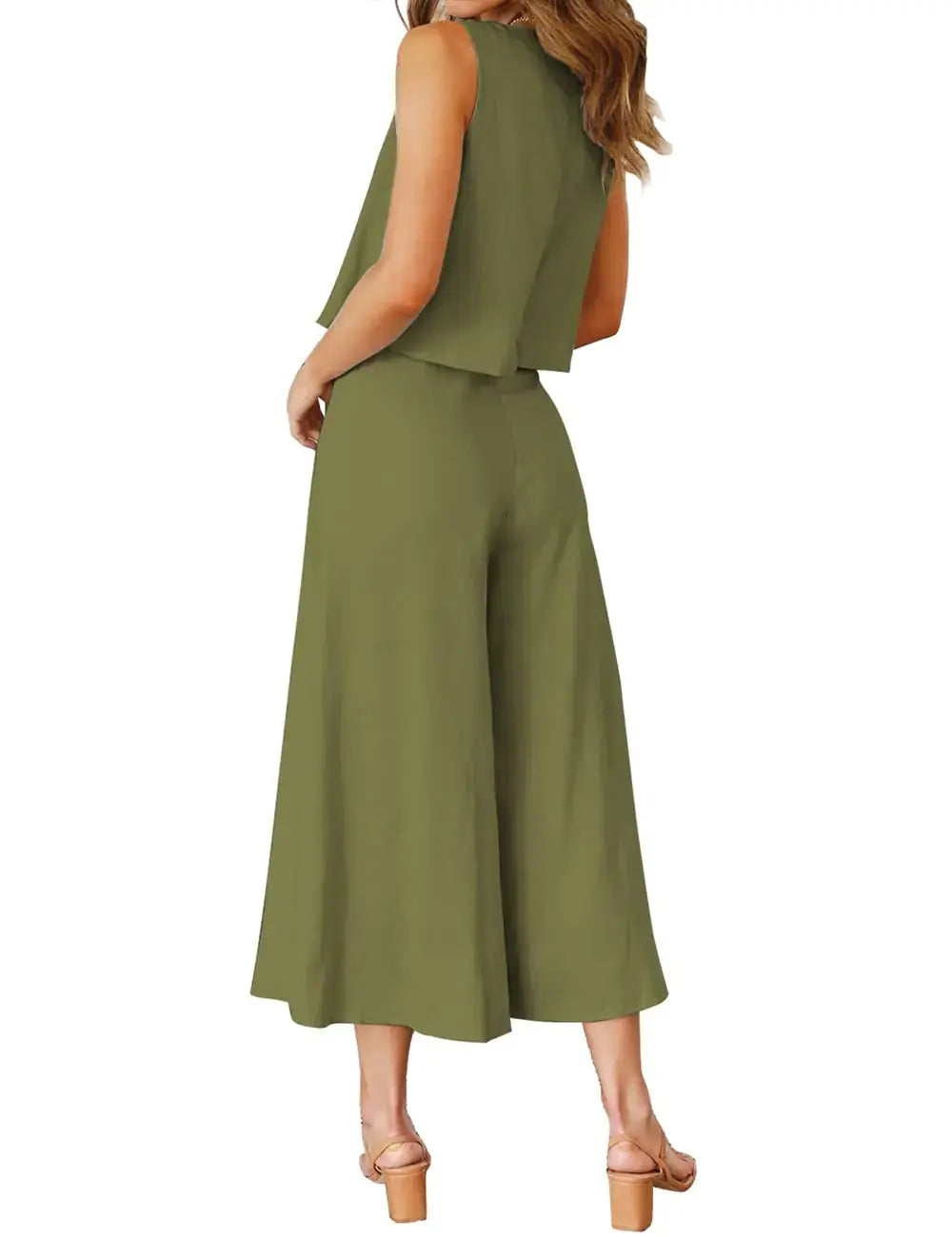 ROYLAMP Women's Summer Two-Piece Olive Green Crop Top and Wide-Leg Pants Set