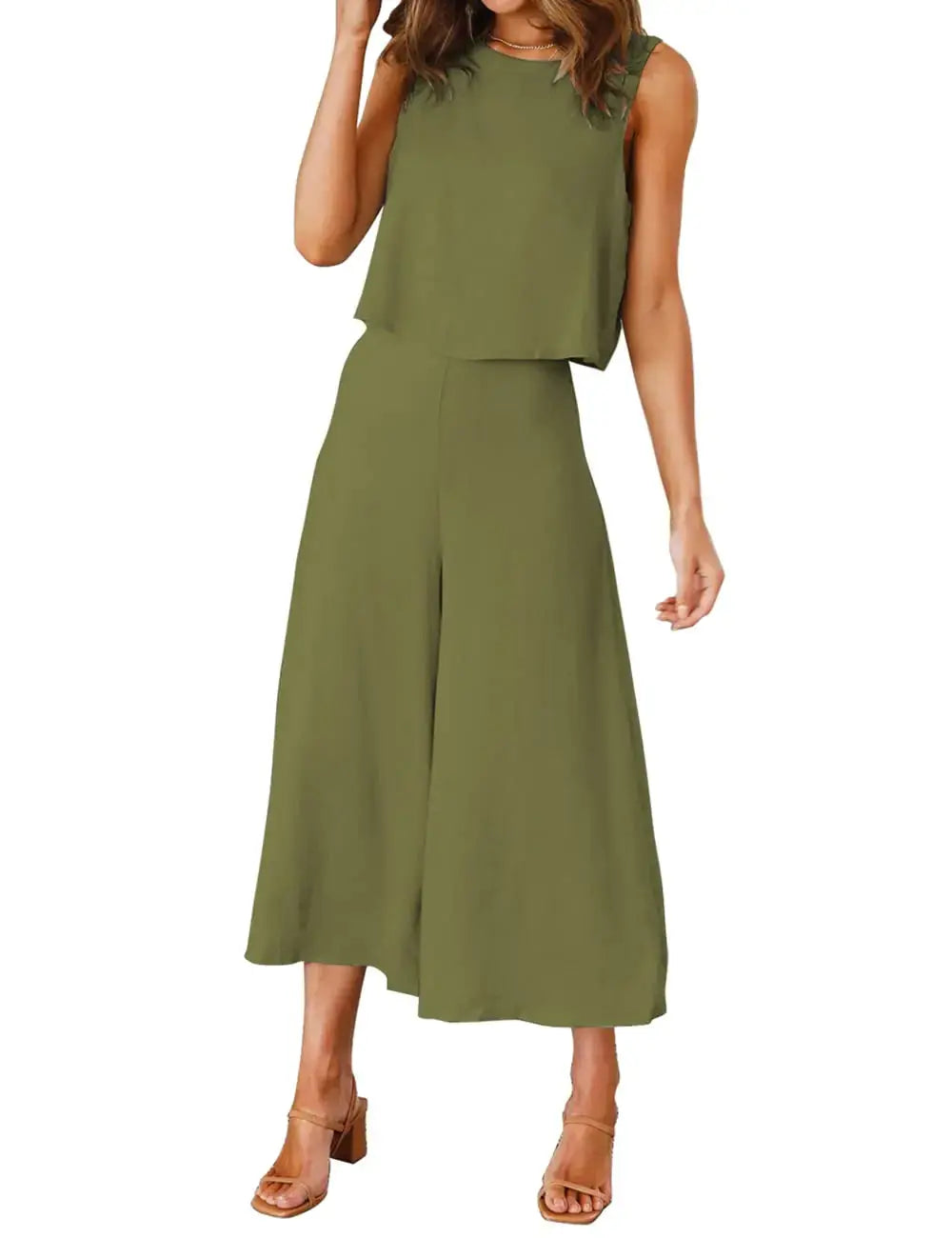 ROYLAMP Women's Summer Two-Piece Olive Green Crop Top and Wide-Leg Pants Set