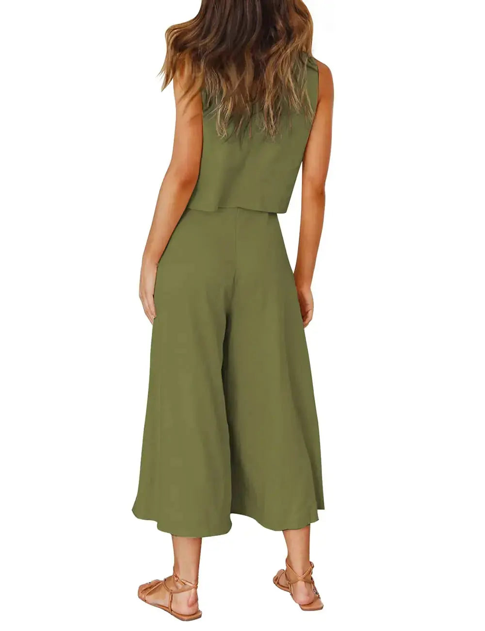 ROYLAMP Women's Summer Two-Piece Olive Green Crop Top and Wide-Leg Pants Set