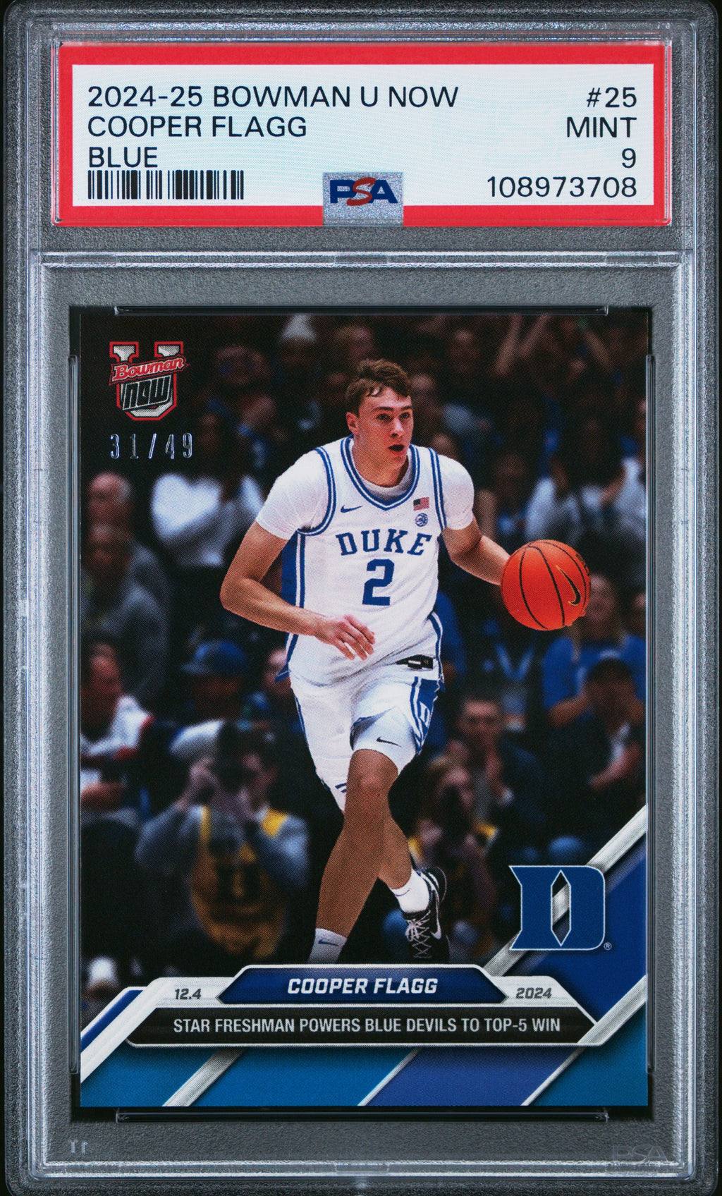 Graded 2024 Topps Bowman U Now Cooper Flagg #25 Blue /49 Rookie RC Basketball Card PSA 9 Mint