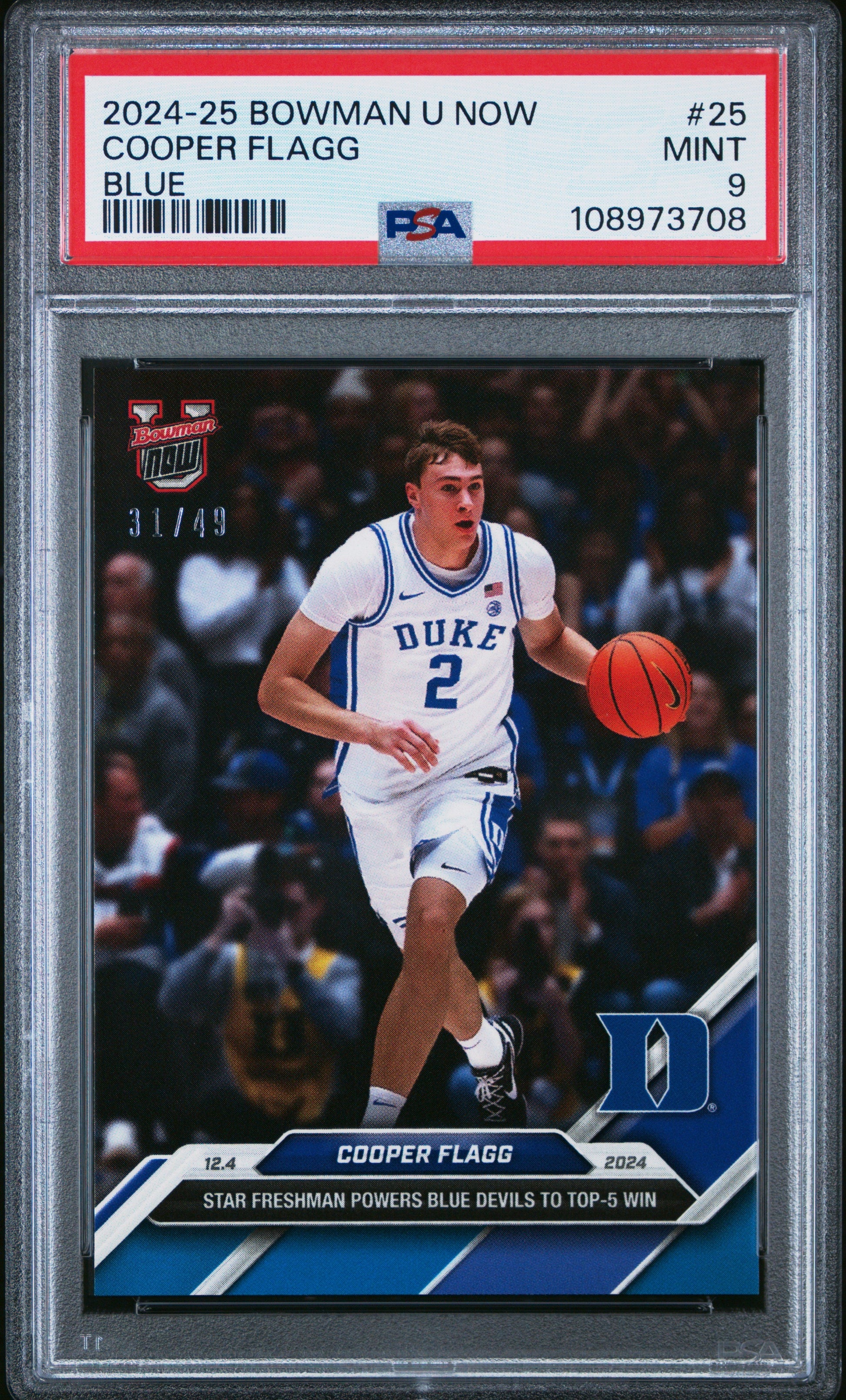 Graded 2024 Topps Bowman U Now Cooper Flagg #25 Blue /49 Rookie RC Basketball Card PSA 9 Mint