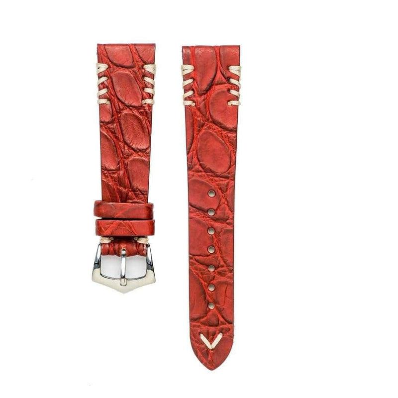 Red Rubberized Crocodile Leather Watch Strap with Ecru Tribal Stitche