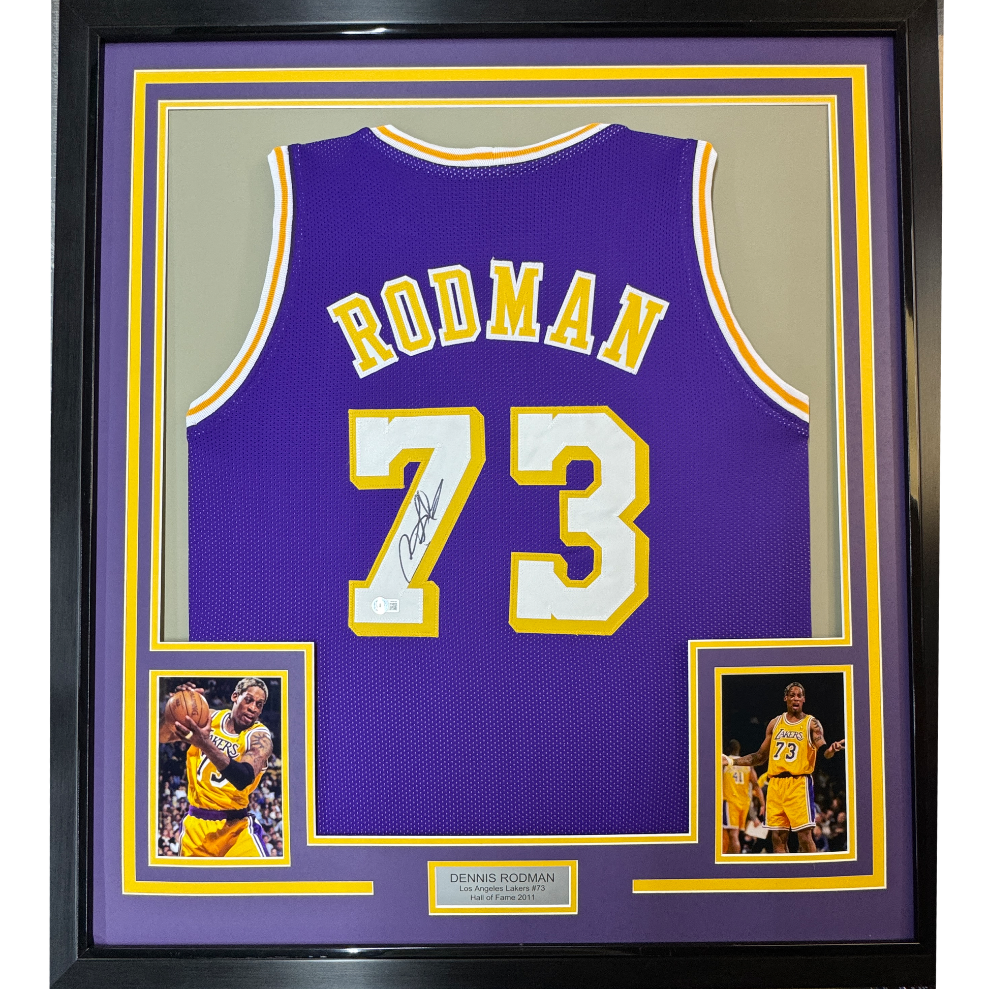 Framed Autographed/Signed Dennis Rodman 35x39 Los Angeles LA Purple Basketball Jersey PSA/DNA COA