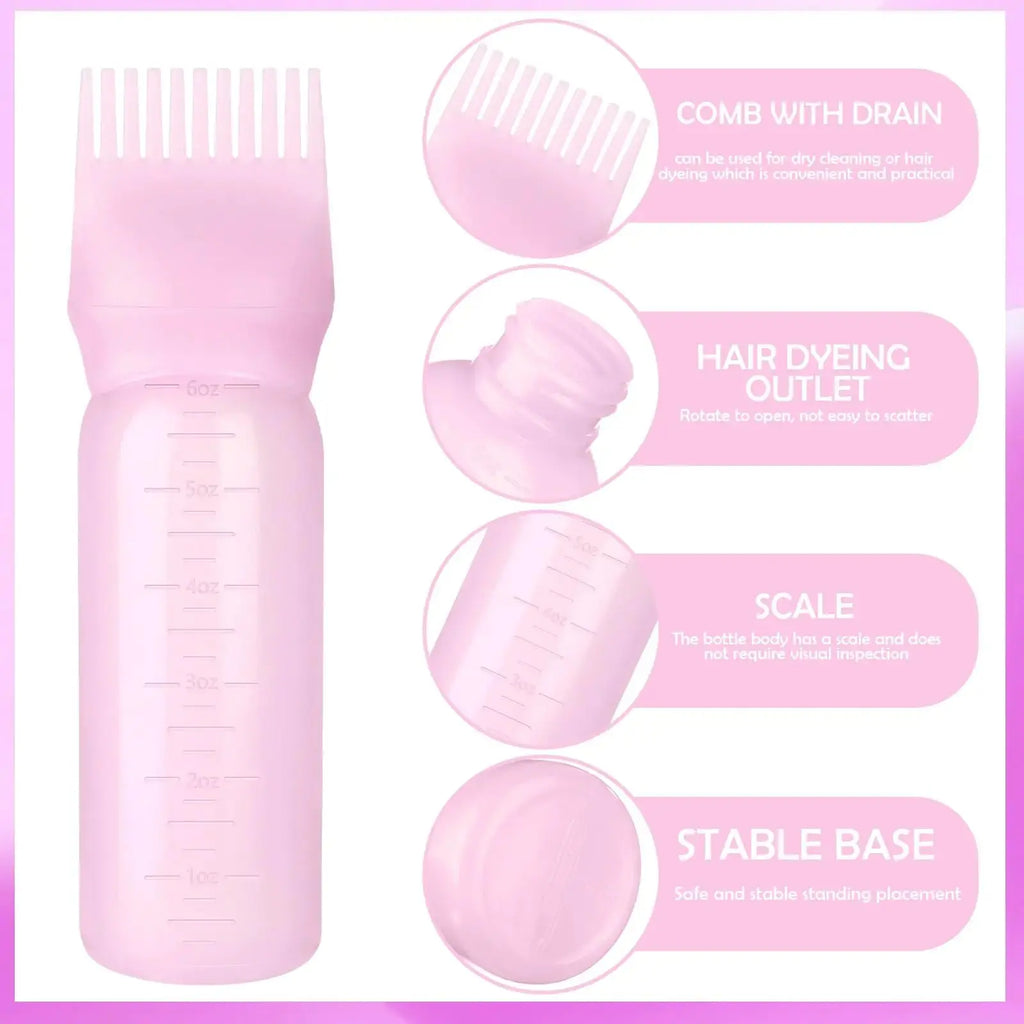 Root Comb Bottle Applicator 6 Ounce, 2 Pack - Oil Applicator for Hair Dye, Hairstyling, and Hair Oiling (Pink)