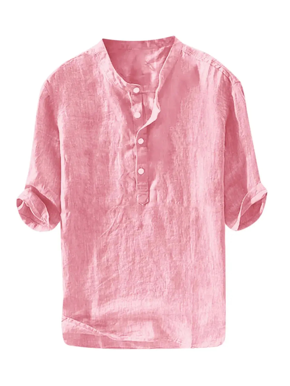 Ryannology Men's Linen Henley Shirt - 3/4 Sleeve Casual Cotton T-Shirt - Regular Fit, Lightweight Beach Yoga Tunic Top (Medium, Red)