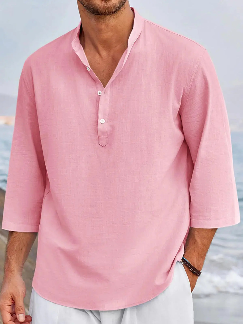 Ryannology Men's Linen Henley Shirt - 3/4 Sleeve Casual Cotton T-Shirt - Regular Fit, Lightweight Beach Yoga Tunic Top (Medium, Red)