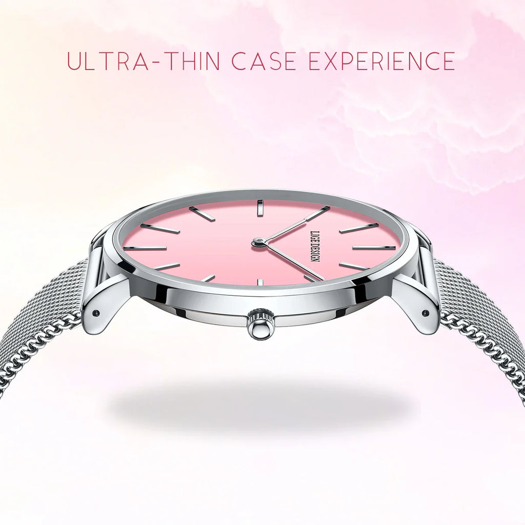 Women's Pink Dial Mesh Band Slim Stainless Steel Watch