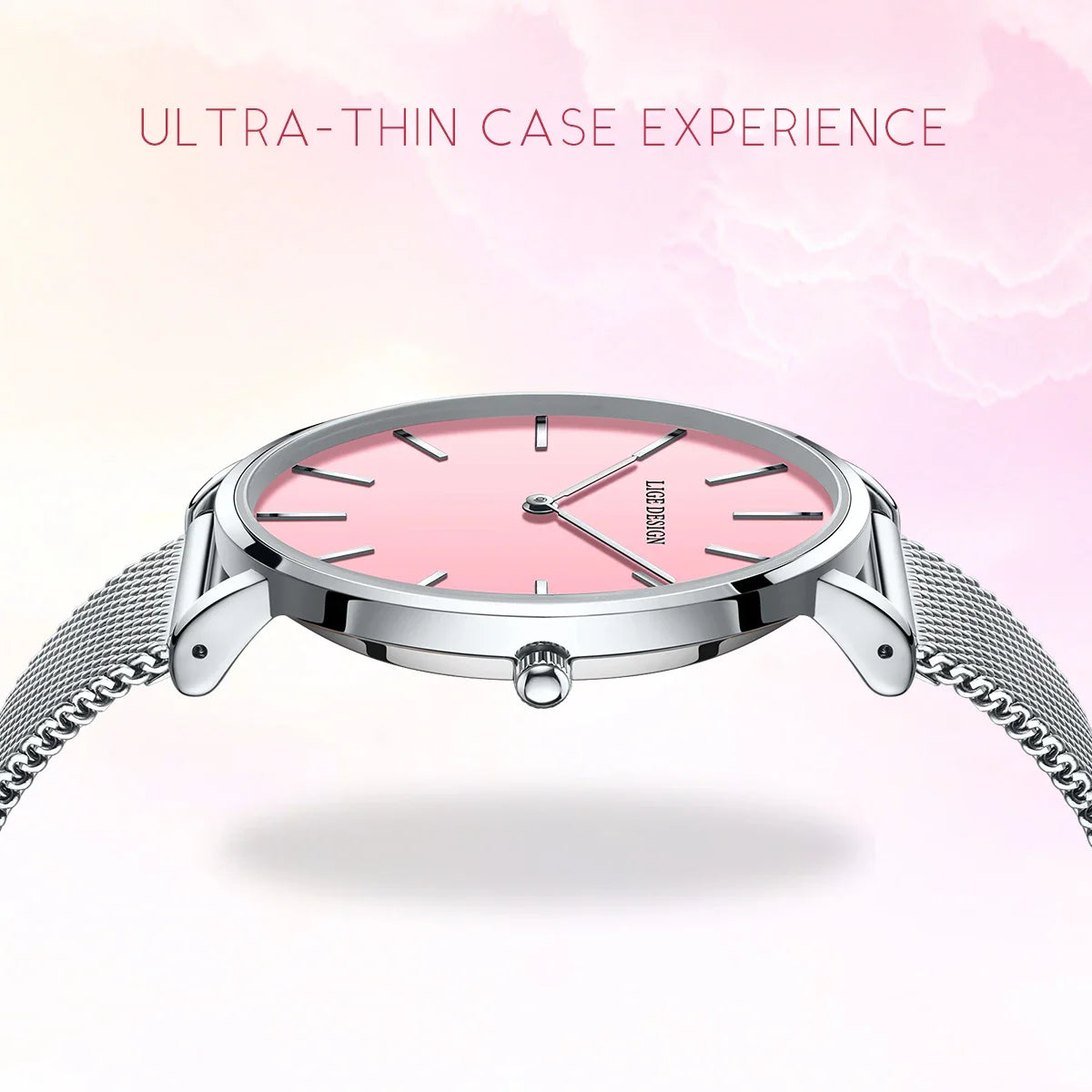 Women's Pink Dial Mesh Band Slim Stainless Steel Watch
