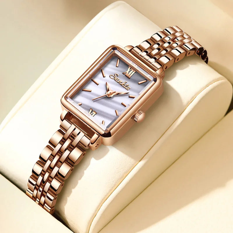 Women's Rose Gold Rectangular Stainless Steel Watch