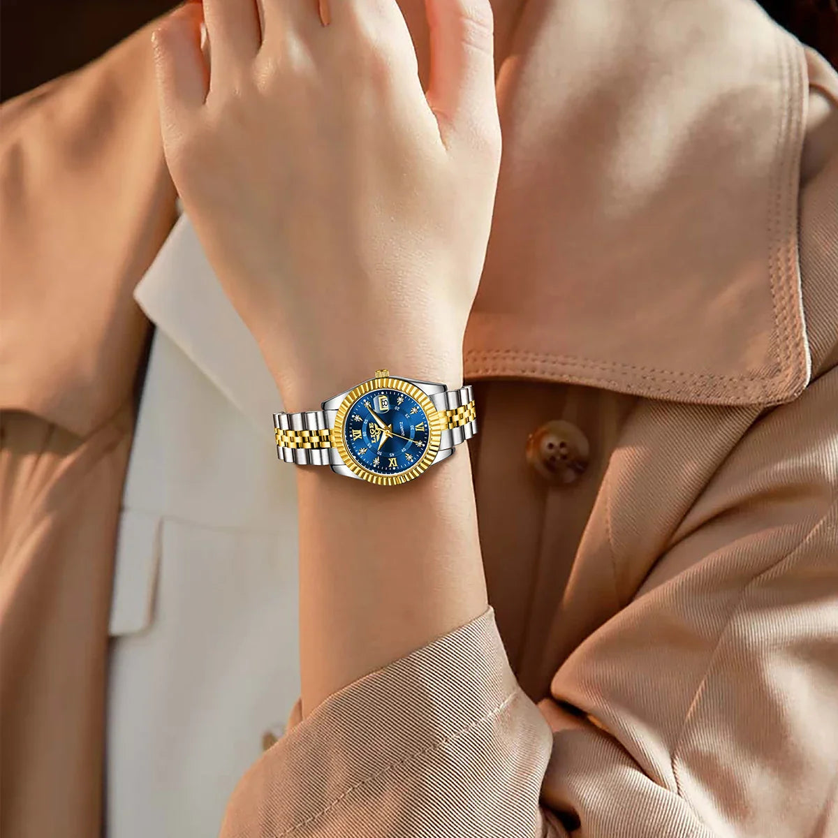 Women's Two Tone Stainless Steel Date Watch Elegant Quartz