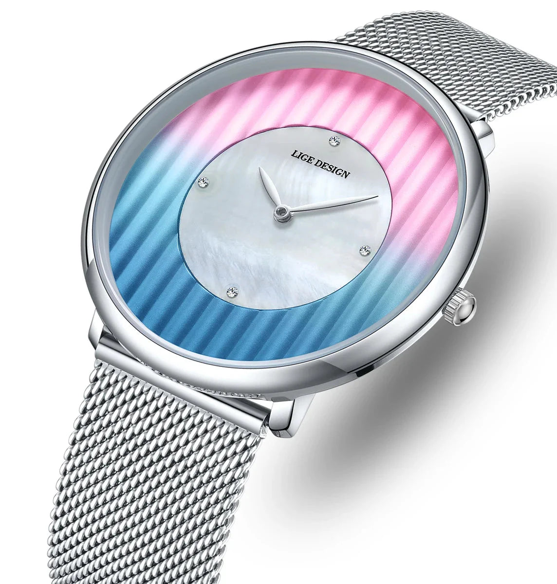 Women's Slim Mesh Band Watch Pink Blue Gradient Quartz