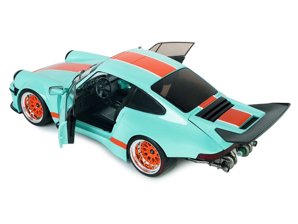 2025 Porsche 911 KS-R by Khyzyl Saleem "Blue Racer" Light Blue with Orange Stripes 1/18 Diecast Model Car by Solido
