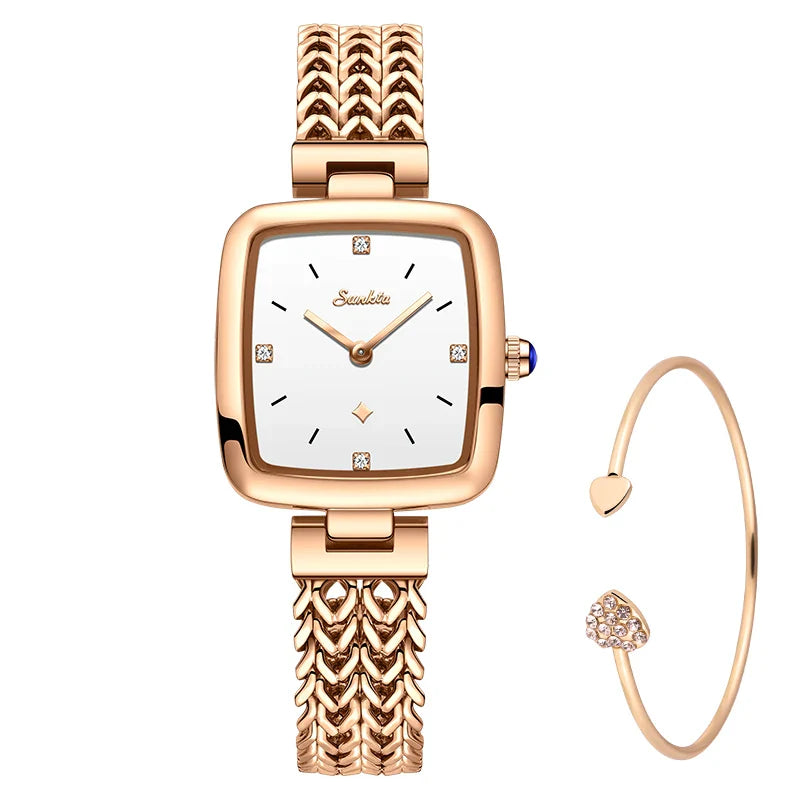 Women's Square Stainless Steel Slim Quartz Watch Bracelet