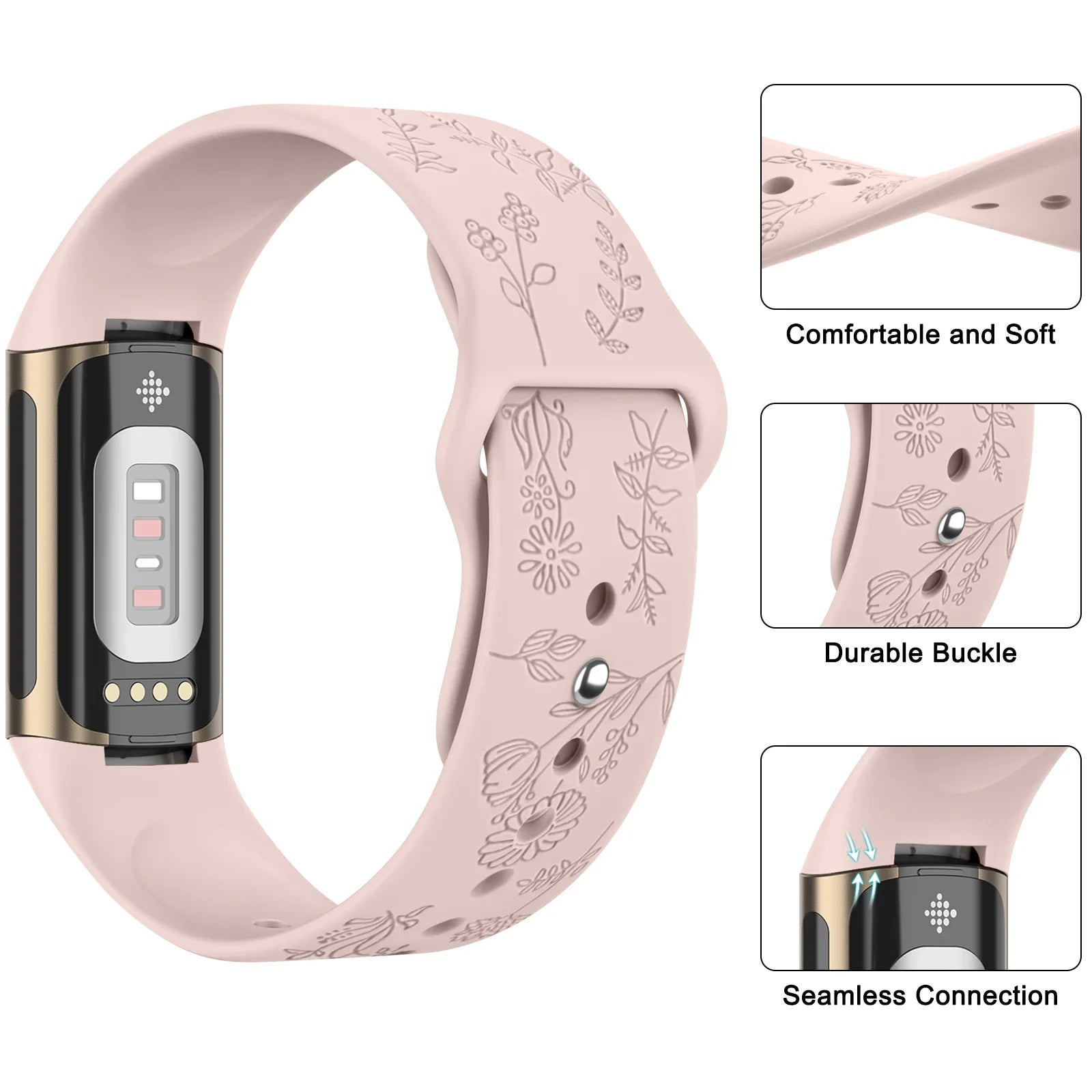 Fitbit Charge 5 6 Silicone Flower Engraved Soft Strap
