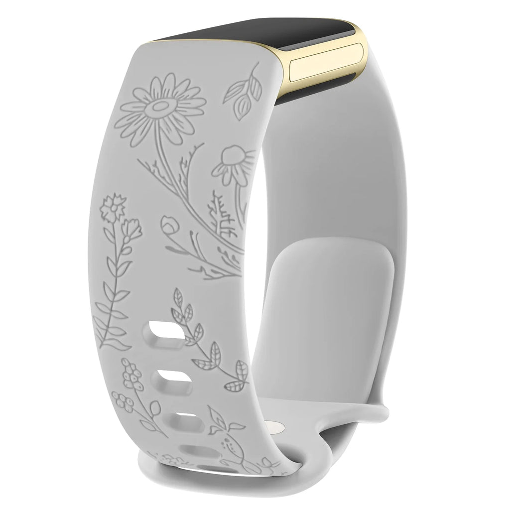 Fitbit Charge 5 6 Silicone Flower Engraved Soft Strap