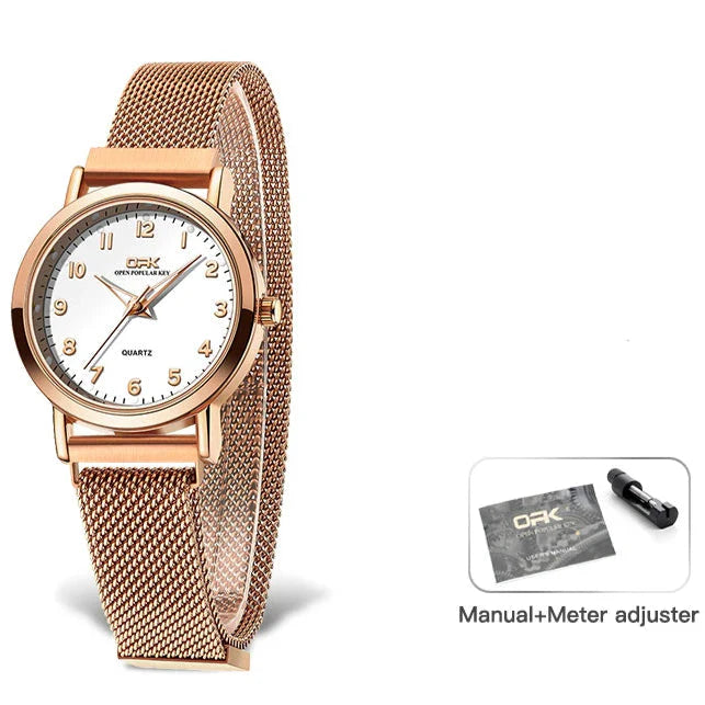 Women's Rose Gold Mesh Quartz Watch Slim Luminous Waterproof