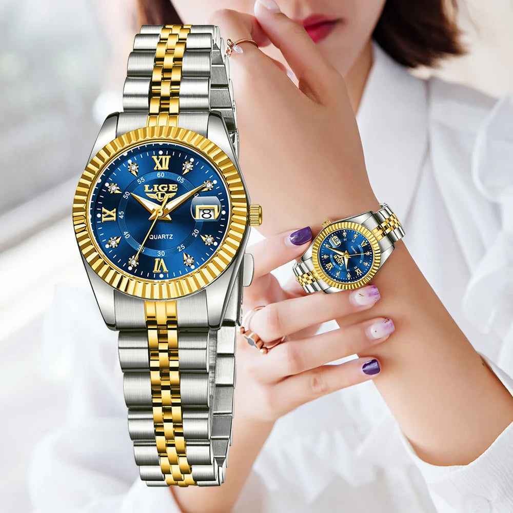 Women's Two Tone Stainless Steel Date Watch Elegant Quartz