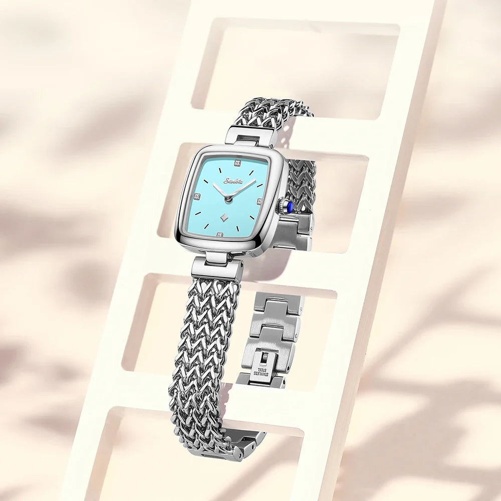 Women's Square Stainless Steel Slim Quartz Watch Bracelet