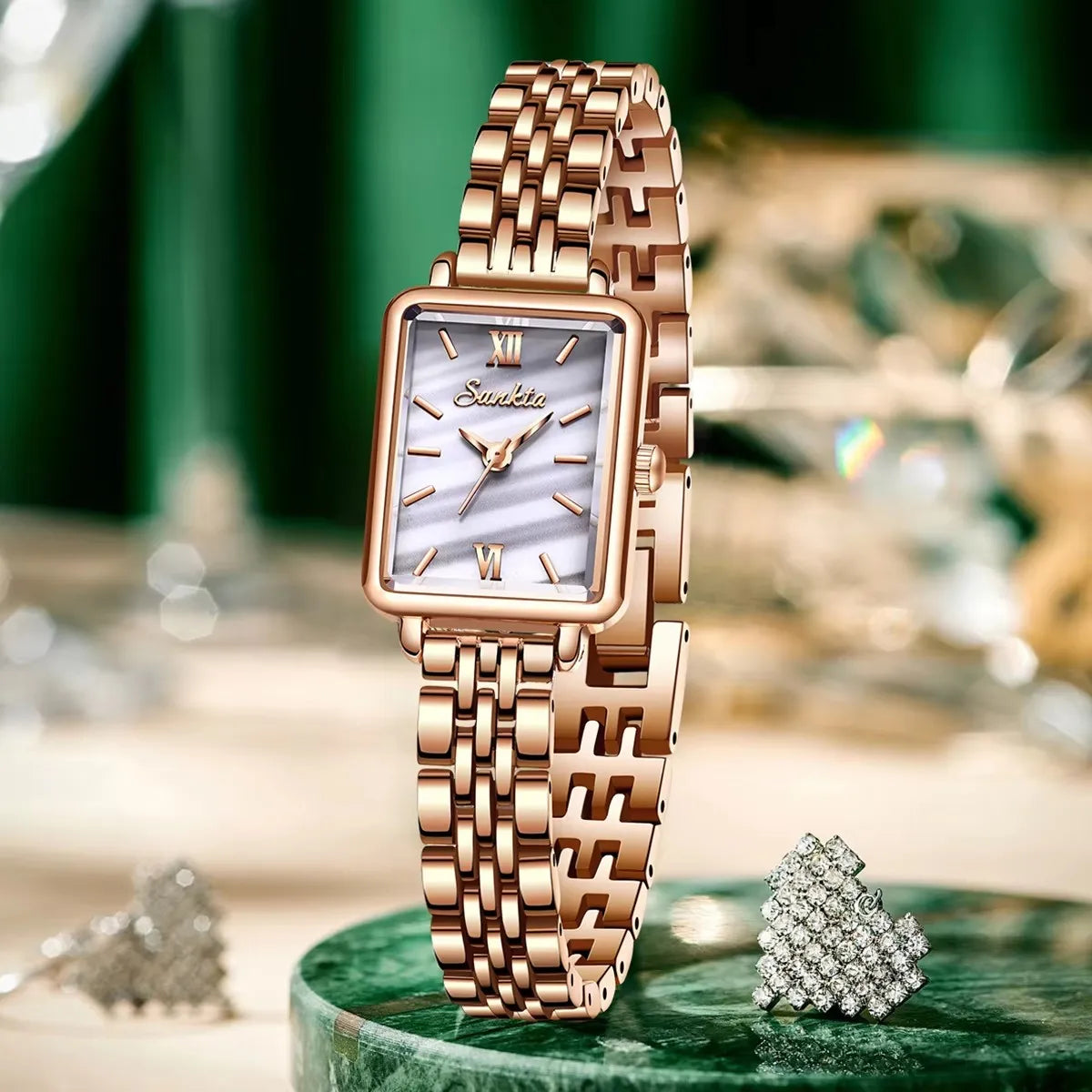 Women's Rose Gold Rectangular Stainless Steel Watch