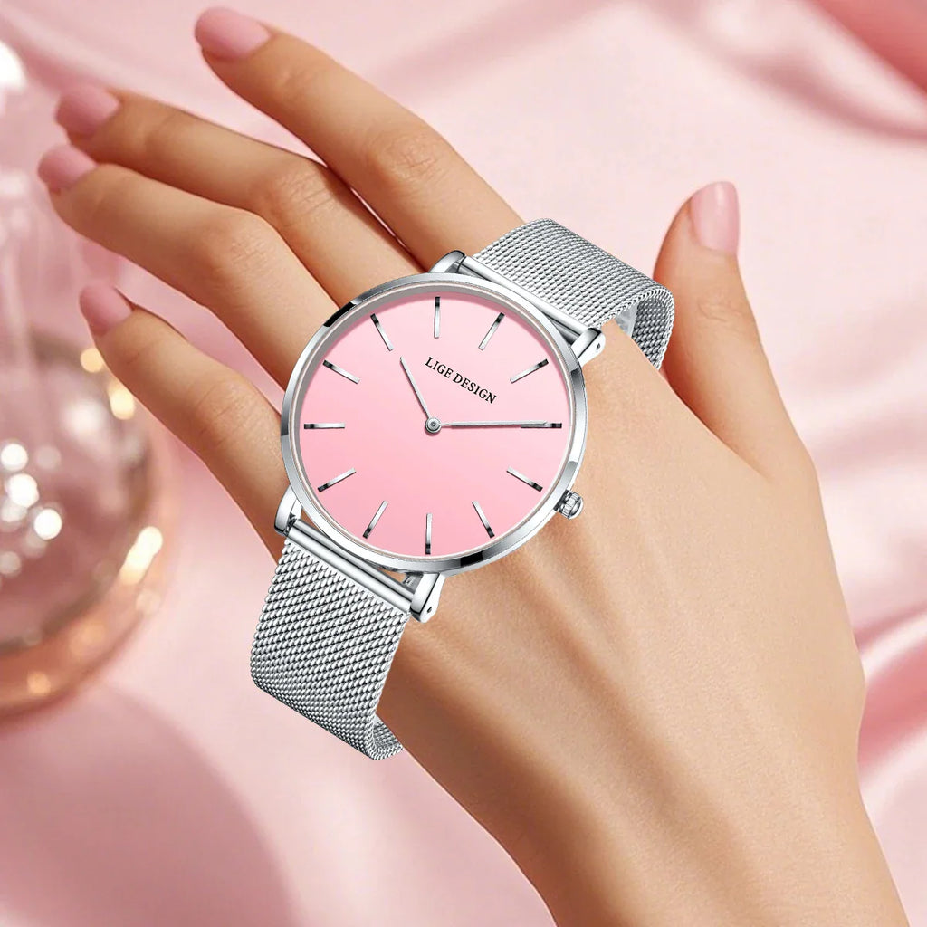 Women's Pink Dial Mesh Band Slim Stainless Steel Watch