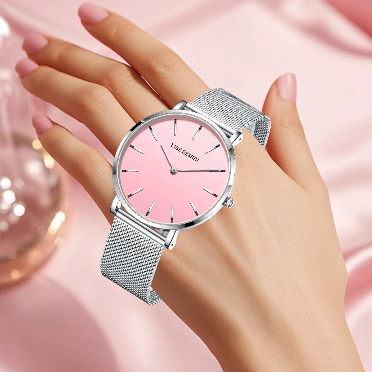Women's Pink Dial Mesh Band Slim Stainless Steel Watch