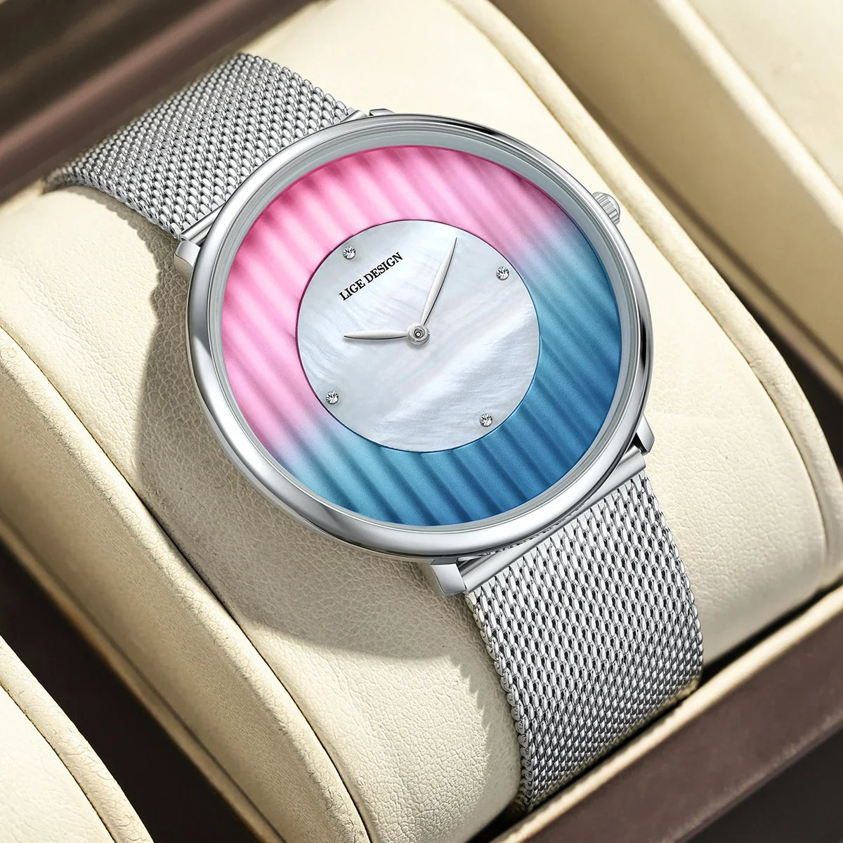 Women's Slim Mesh Band Watch Pink Blue Gradient Quartz
