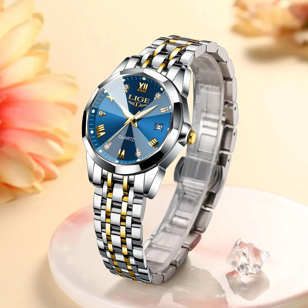 Women's Blue Sunburst Dial Two Tone Stainless Watch