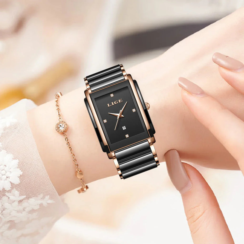 Women's Ceramic Square Bracelet Watch Rose Gold Quartz