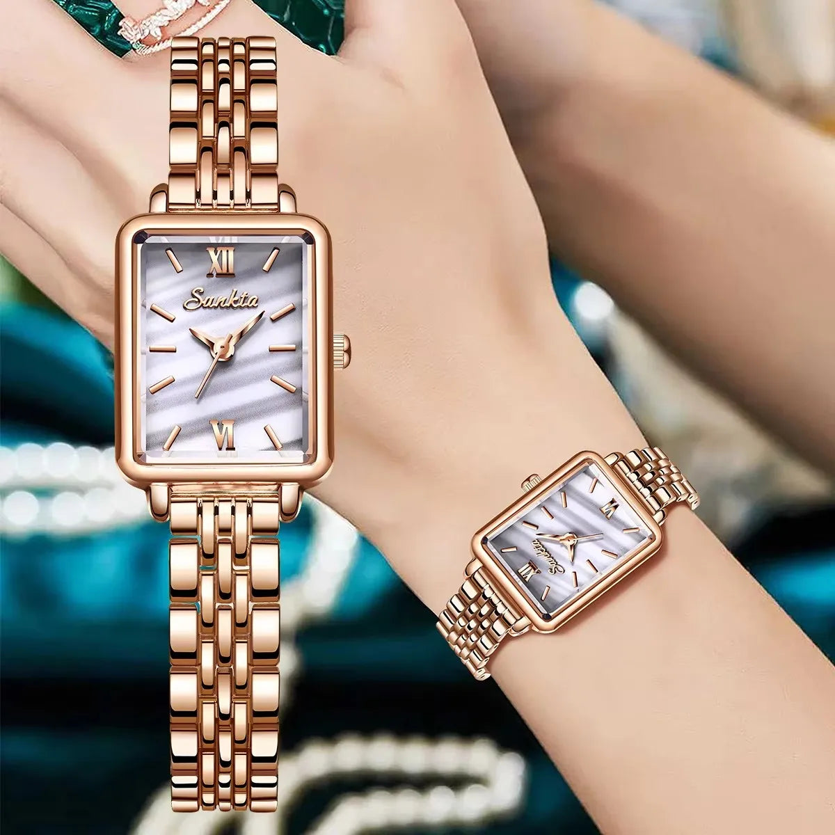 Women's Rose Gold Rectangular Stainless Steel Watch