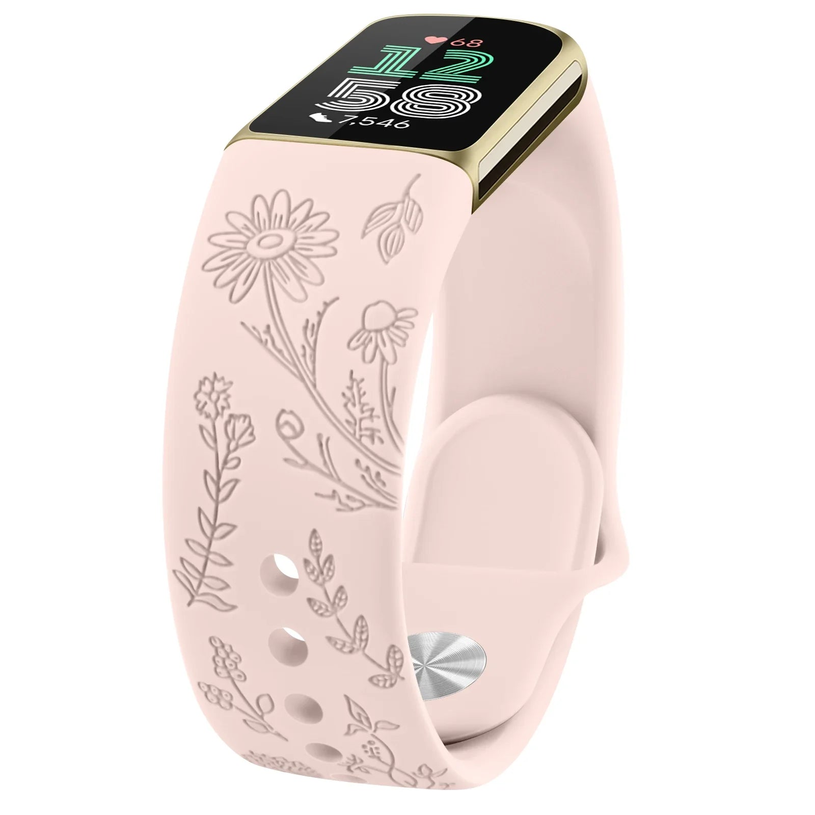 Fitbit Charge 5 6 Silicone Flower Engraved Soft Strap