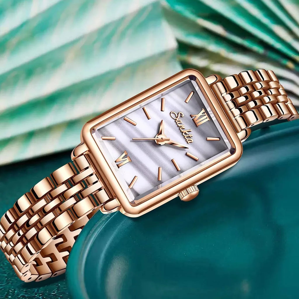 Women's Rose Gold Rectangular Stainless Steel Watch