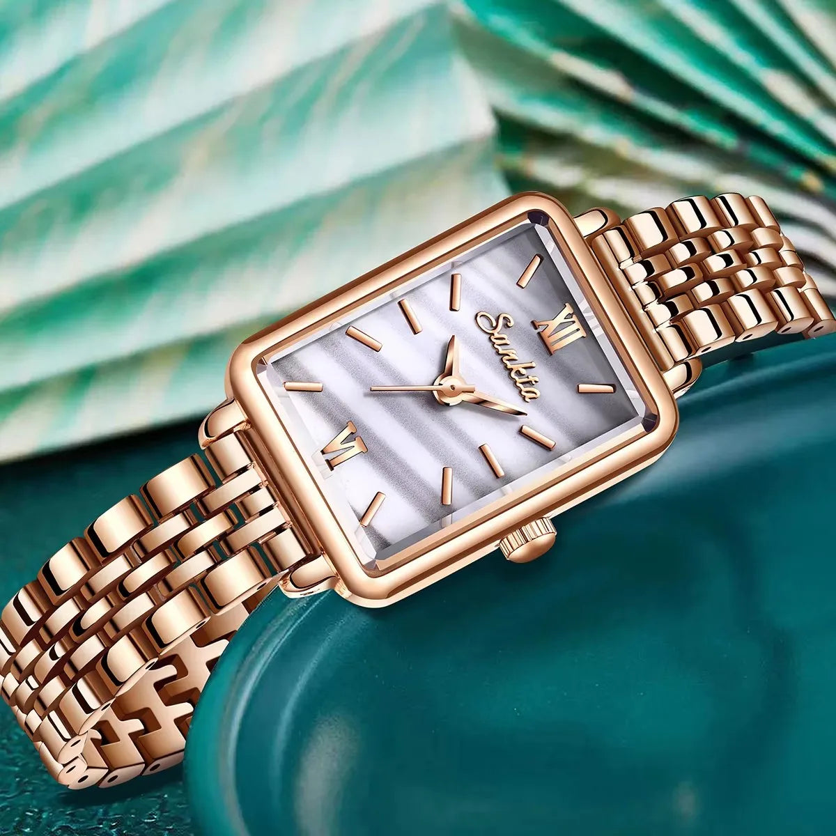 Women's Rose Gold Rectangular Stainless Steel Watch
