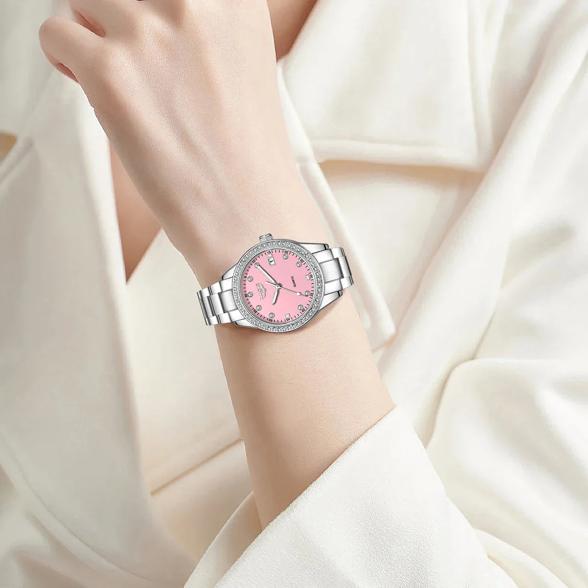 Women's Pink Diamond Dial Quartz Stainless Steel Watch
