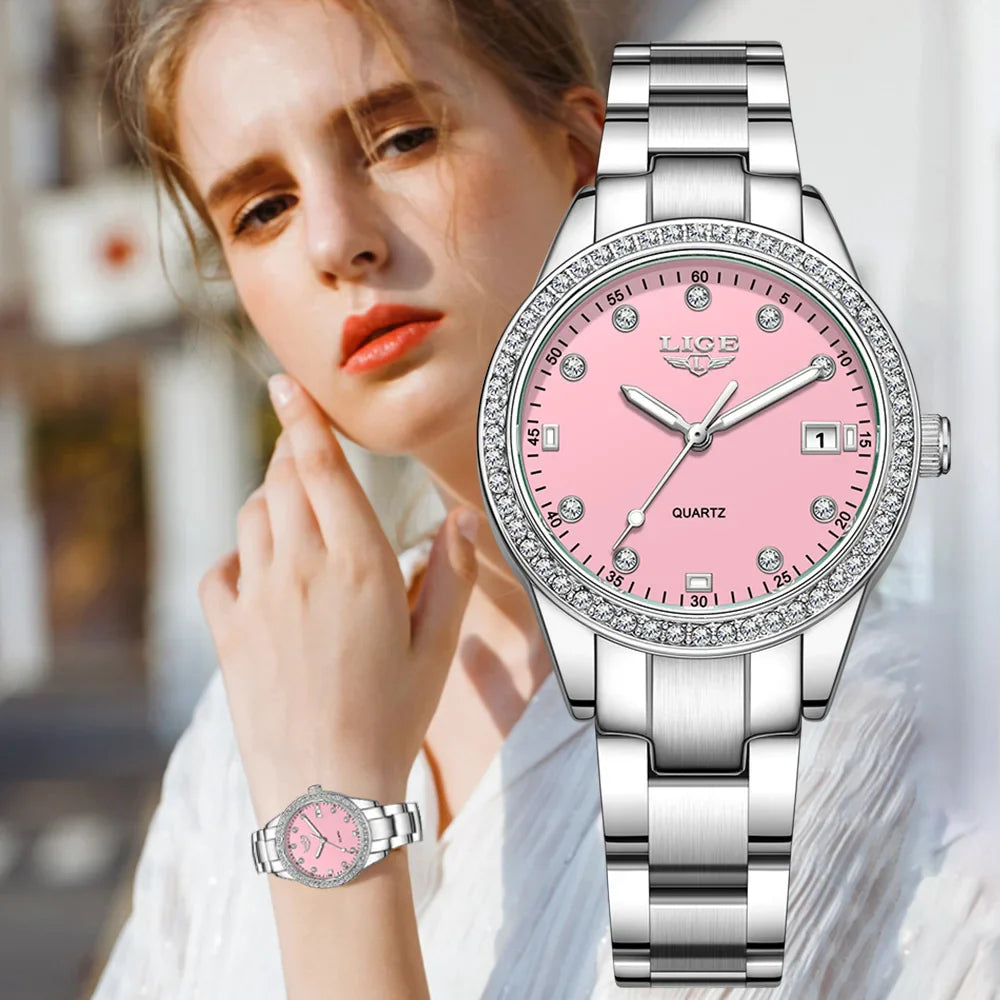 Women's Pink Diamond Dial Quartz Stainless Steel Watch