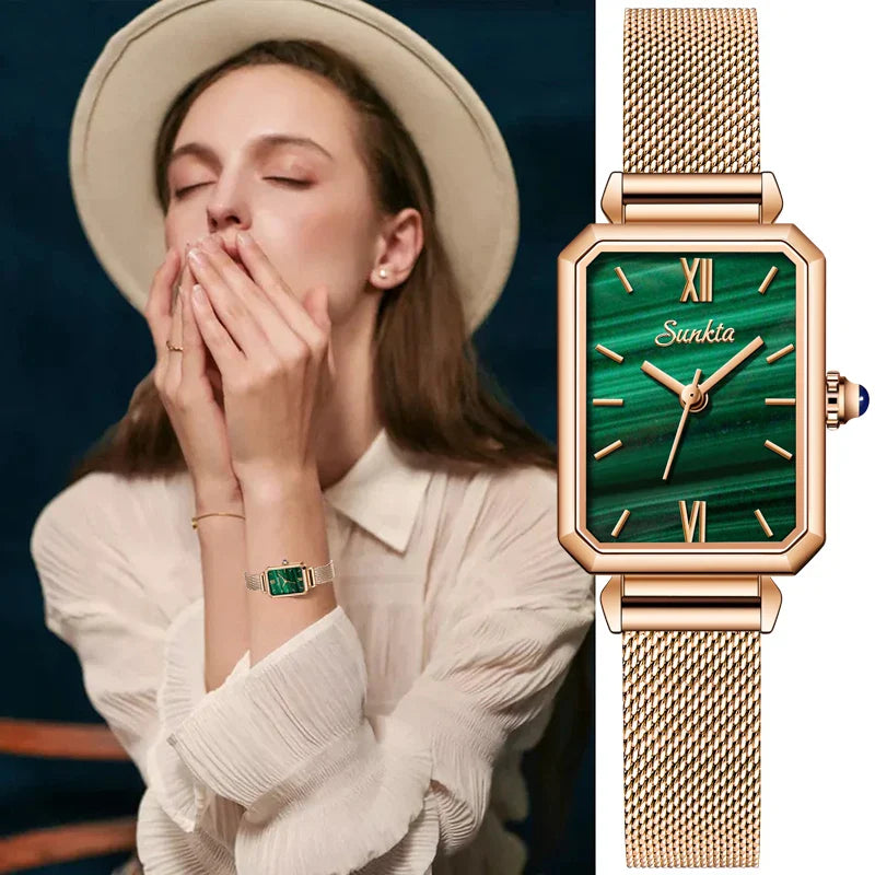 Women's Rectangular Green Dial Mesh Band Quartz Watch
